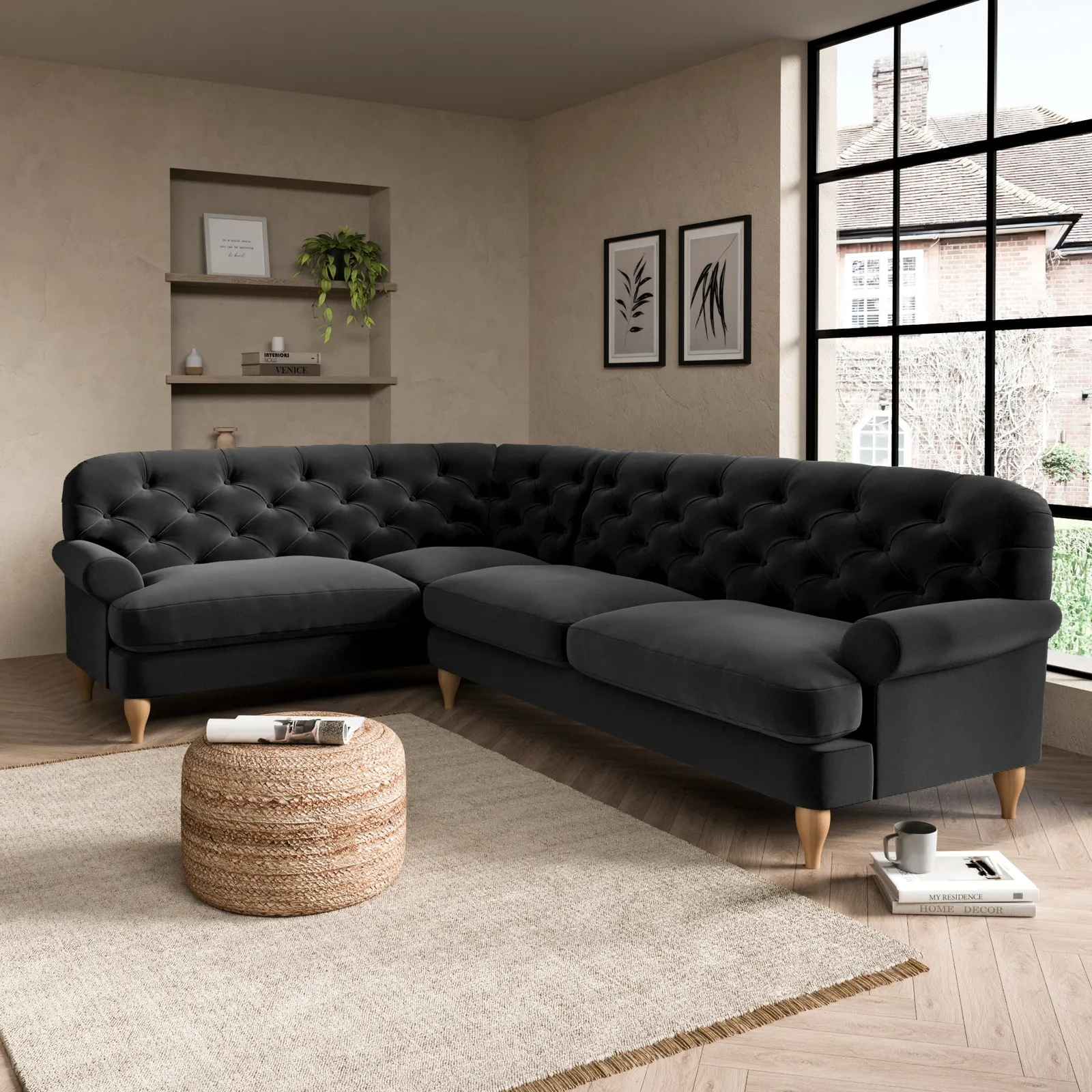 Canterbury Luxury Velvet Left Hand Corner Sofa Luxury Velvet Black