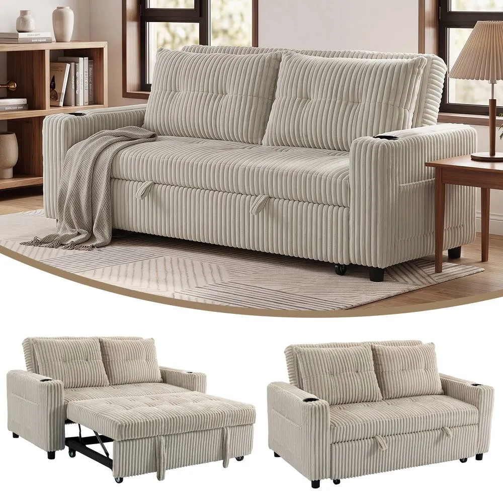 HOMCOM Corduroy Click Clack Sleeper Sofa with Pull Out Design, Cream White 2