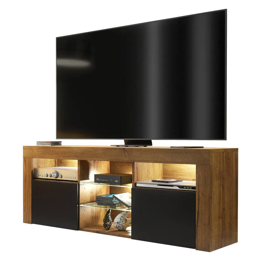 Creative Furniture Pulse TV Unit 145cm - Dark Oak with Black Matt Doors + LED Lights in Dark Brown 2