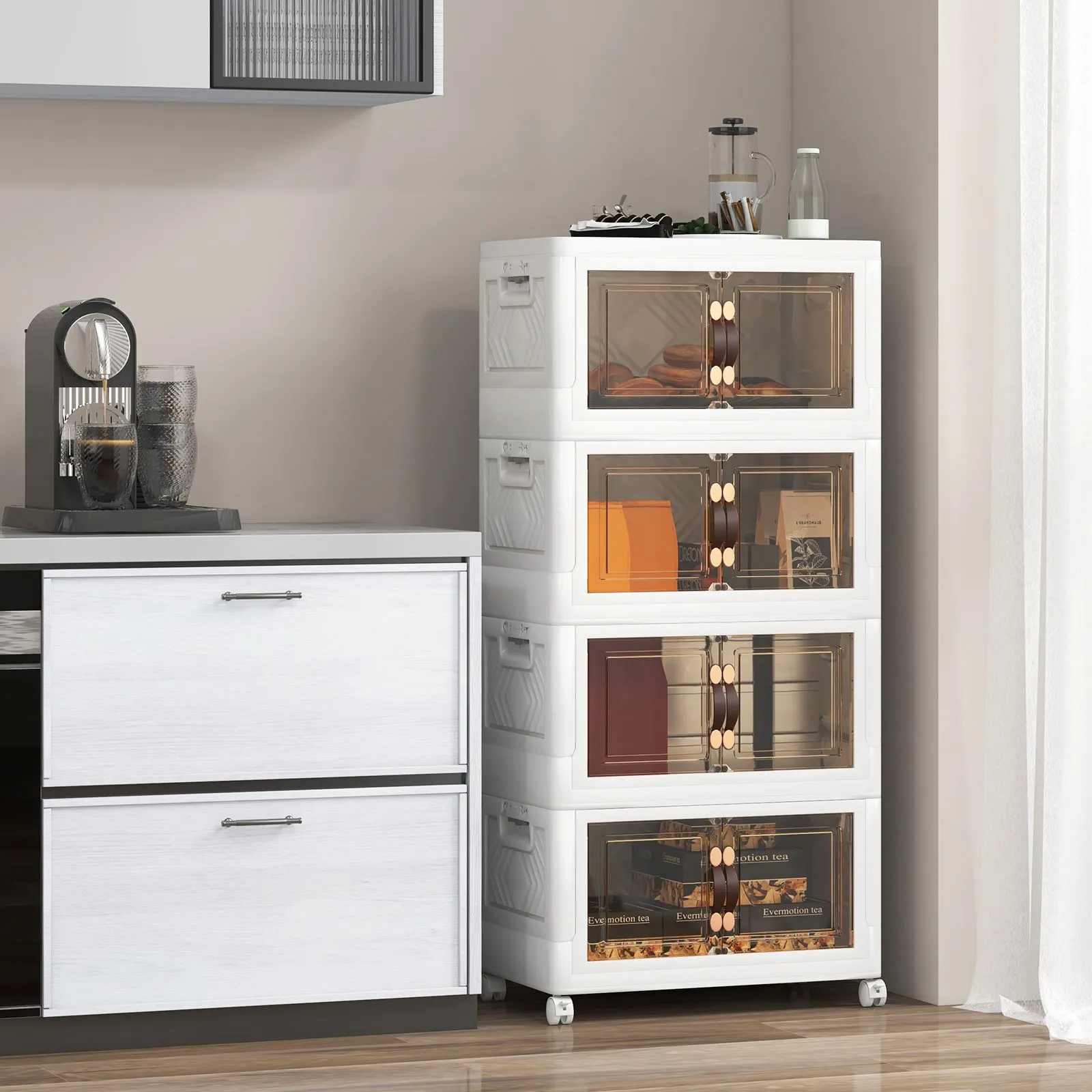 Costway 4 Pack Stackable Storage Cabinet Folding Home Organizer Lockable Wheels 78 Gal in White 6