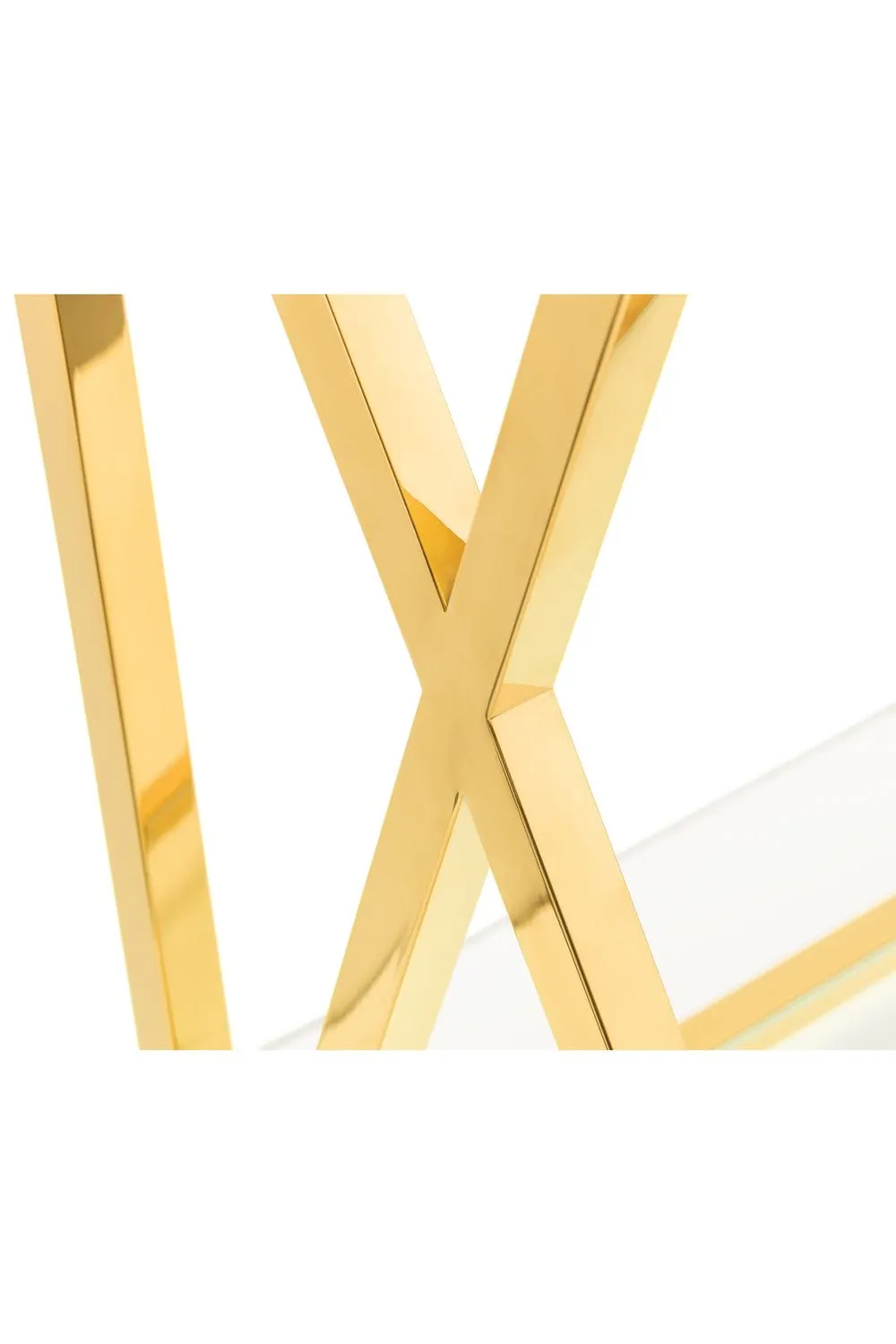 Julian Bowen Miami Glass Top Cross Frame Console Table with Shelf in Gold 4