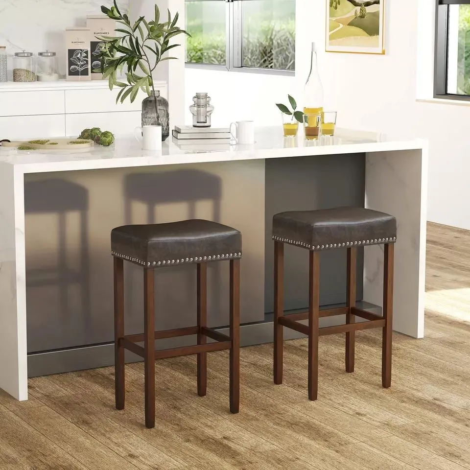 Costway Set of 2 Bar Stools Upholstered Counter Height Saddle Stools PU Leather 74cm in Brown 3