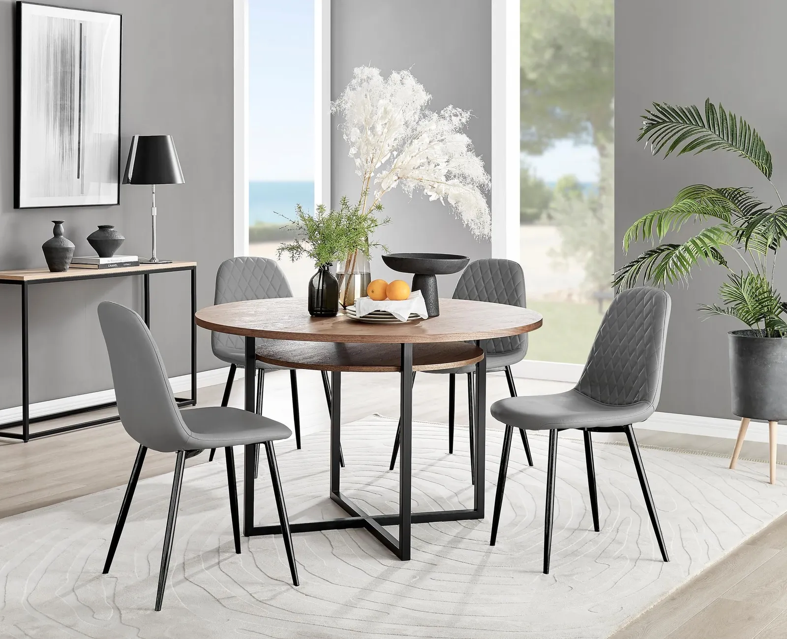 FurnitureboxUK Adley Brown Wood Storage Dining Table & 4 Corona Black Leg Chairs in Grey 1