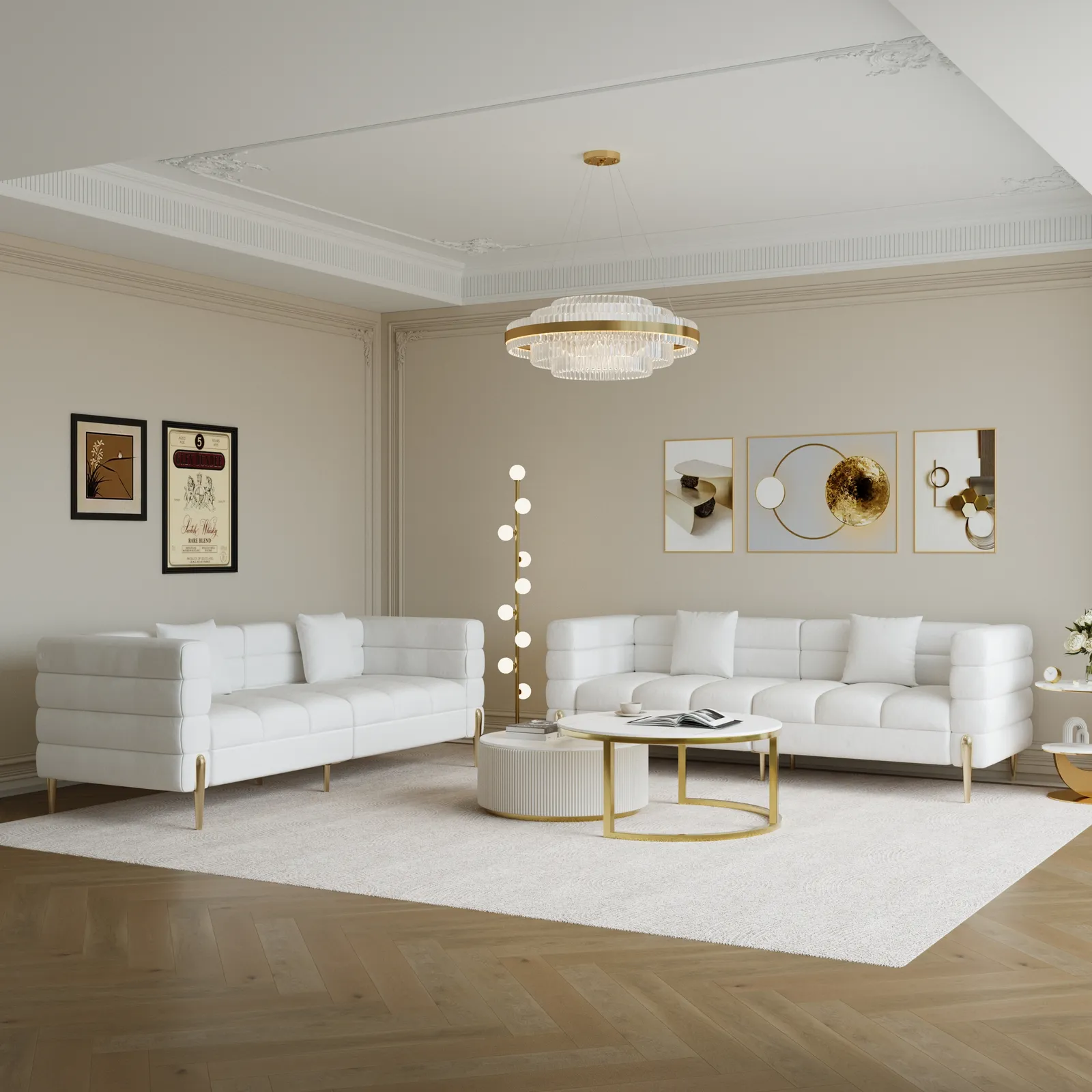 Axial 2000 mm Leather Fluted Sofa with Gold Legs & Pillows Set of 2
