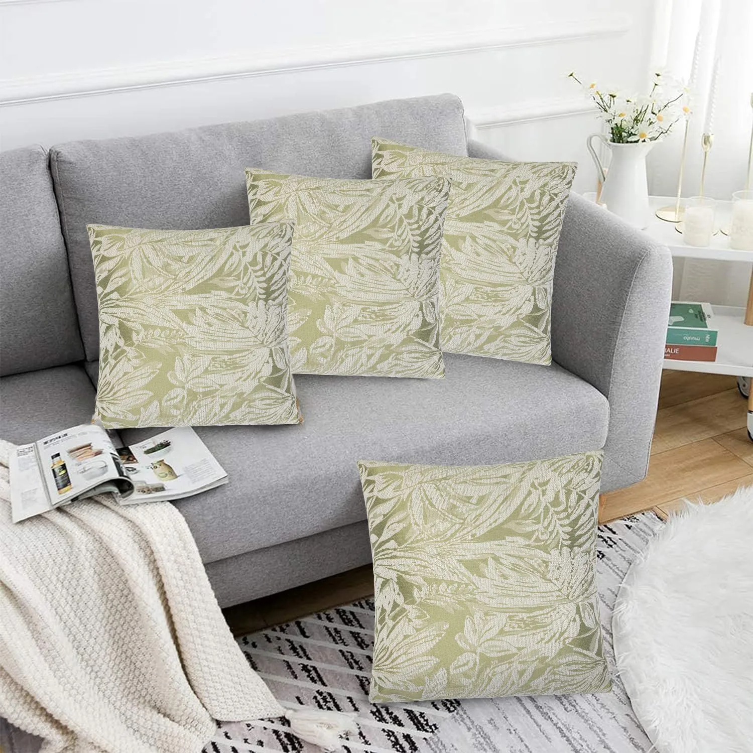 Luxury Living Luxurious Chenille Cushions Set of 4 - Soft Plush Fibre Pads, classic Colours for Sofa & Bed Décor in Light Green