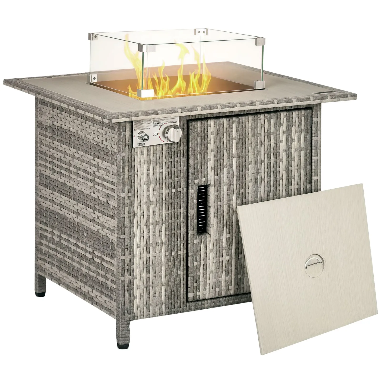 OUTSUNNY Rattan Gas Fire Pit Table with Rain Cover, Windscreen & Lava Stone, 50, 000 BTU in Grey 2