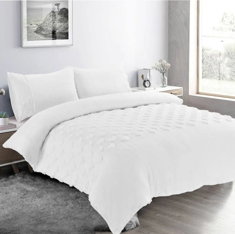 Homes-Linen Teddy Hearts Duvet Cover Set Super Soft Fluffy Fleece Bedding in White