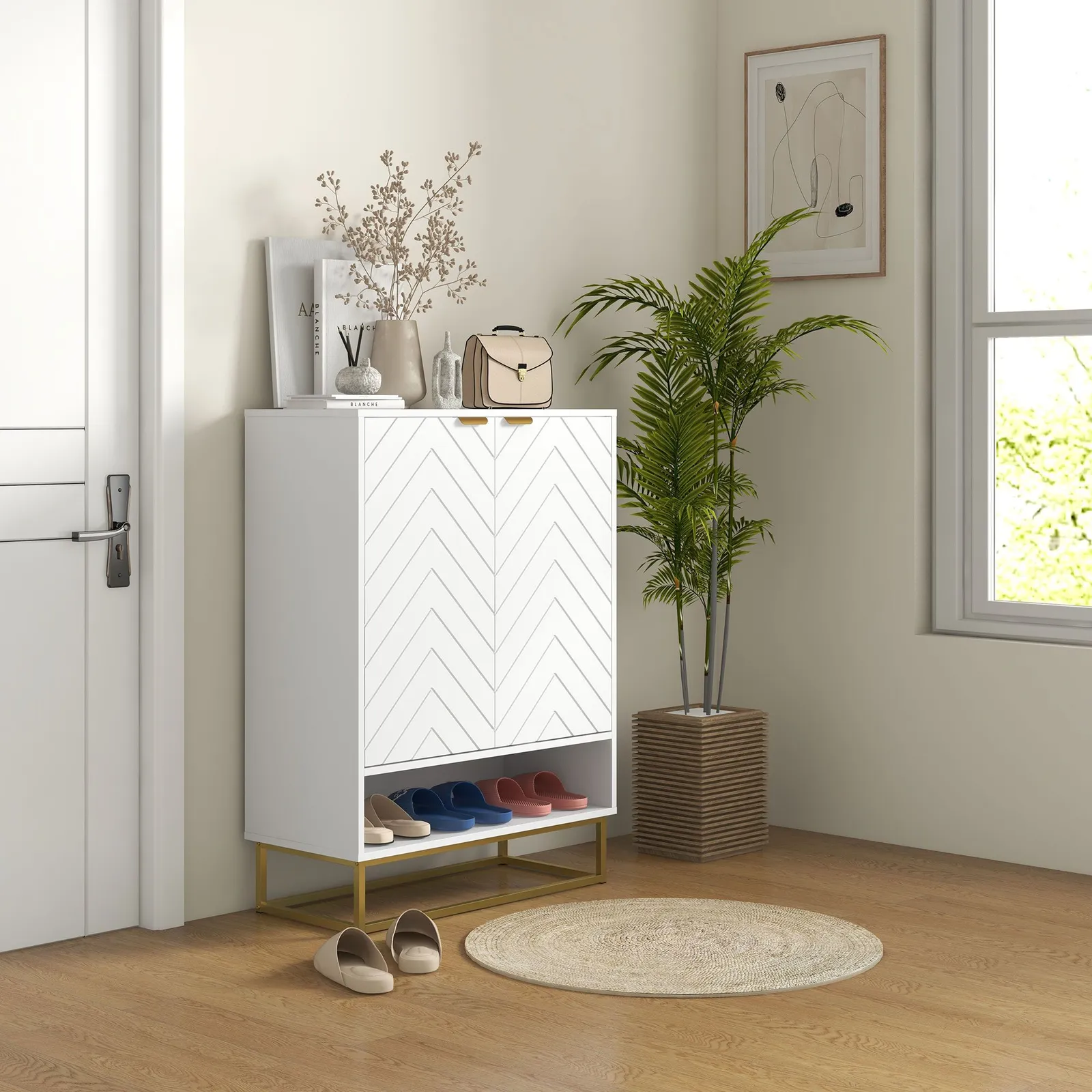 HOMCOM Shoe Storage Cabinet with 3 tier Shelving Open Shelf & 6 Vents in White