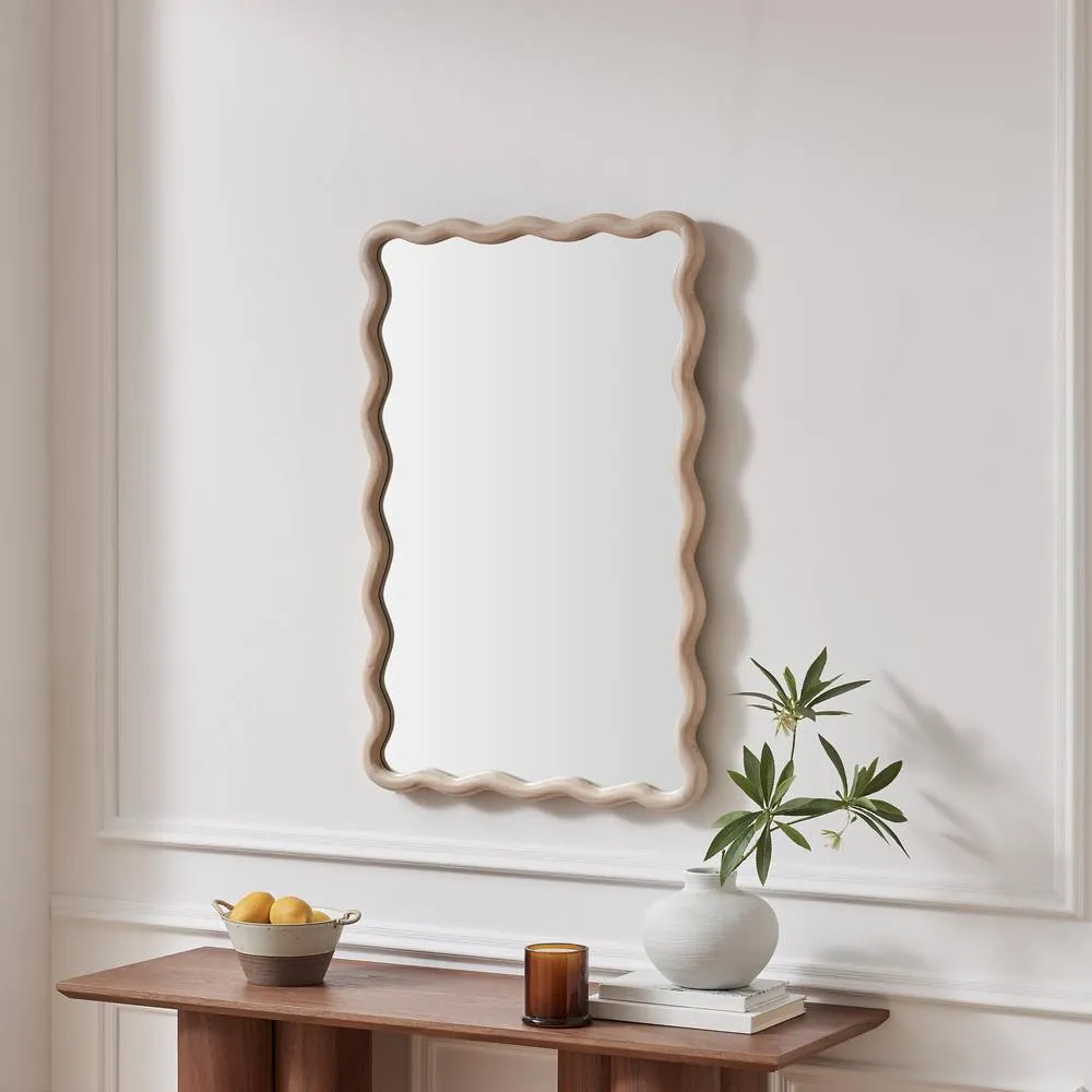 FurnitureboxUK Damaris Wood Medium 90x60cm Wavy Rectangle Wall Mirror in Light Brown