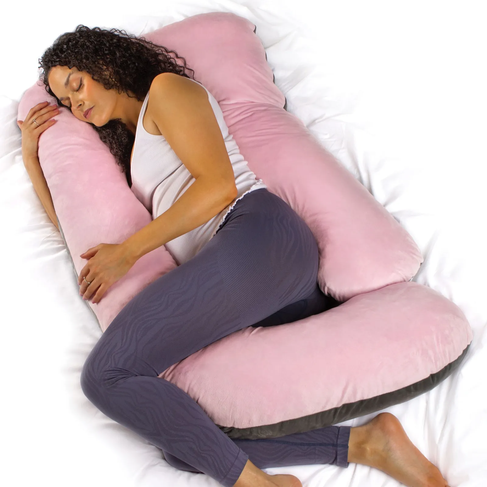 Aamira Pink & Dark Grey Pregnancy Pillow, 140x70x20cm J Shaped Shredded Memory Foam Maternity Pillow