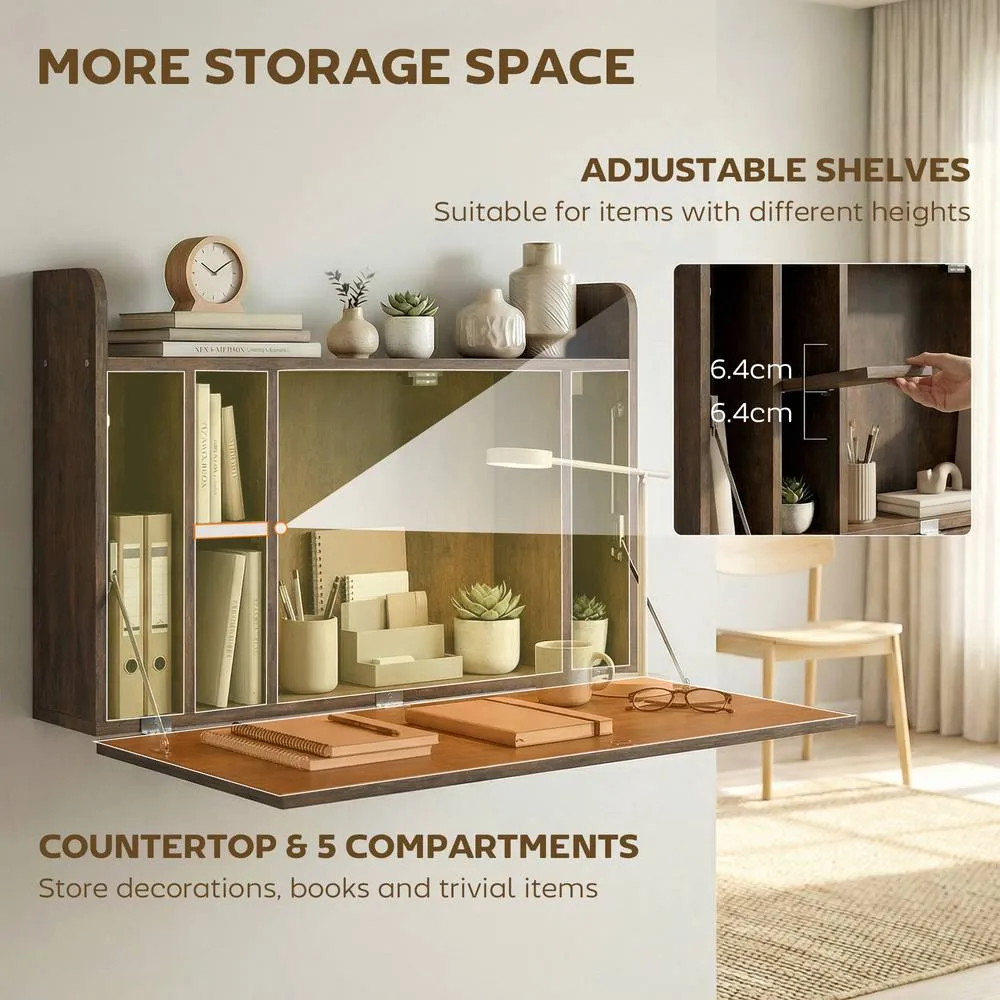 HOMCOM Wall Mounted Table w/ Space Saving Storage Compartments in Dark Brown 5