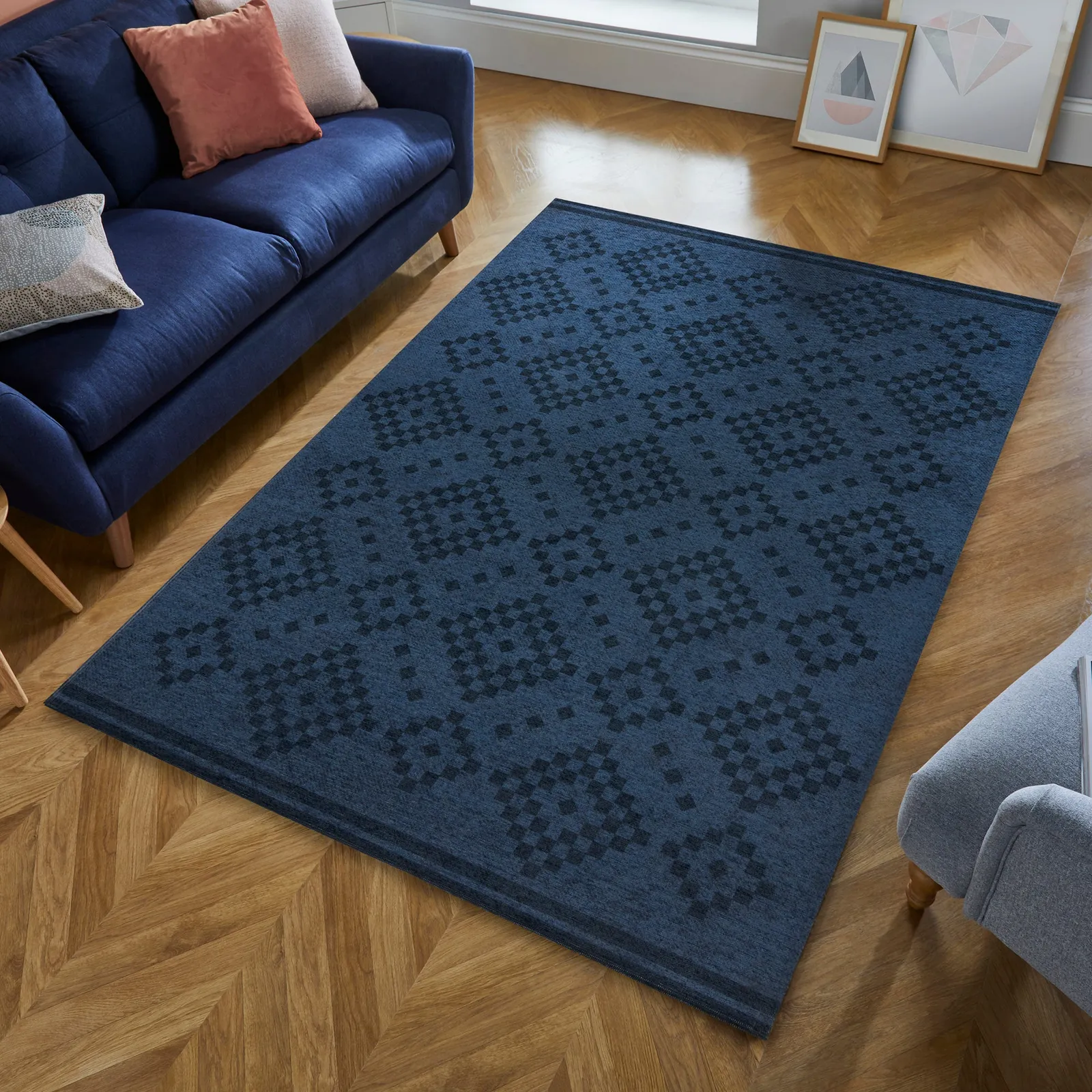 Match Eve Trellis Washable Rug Navy