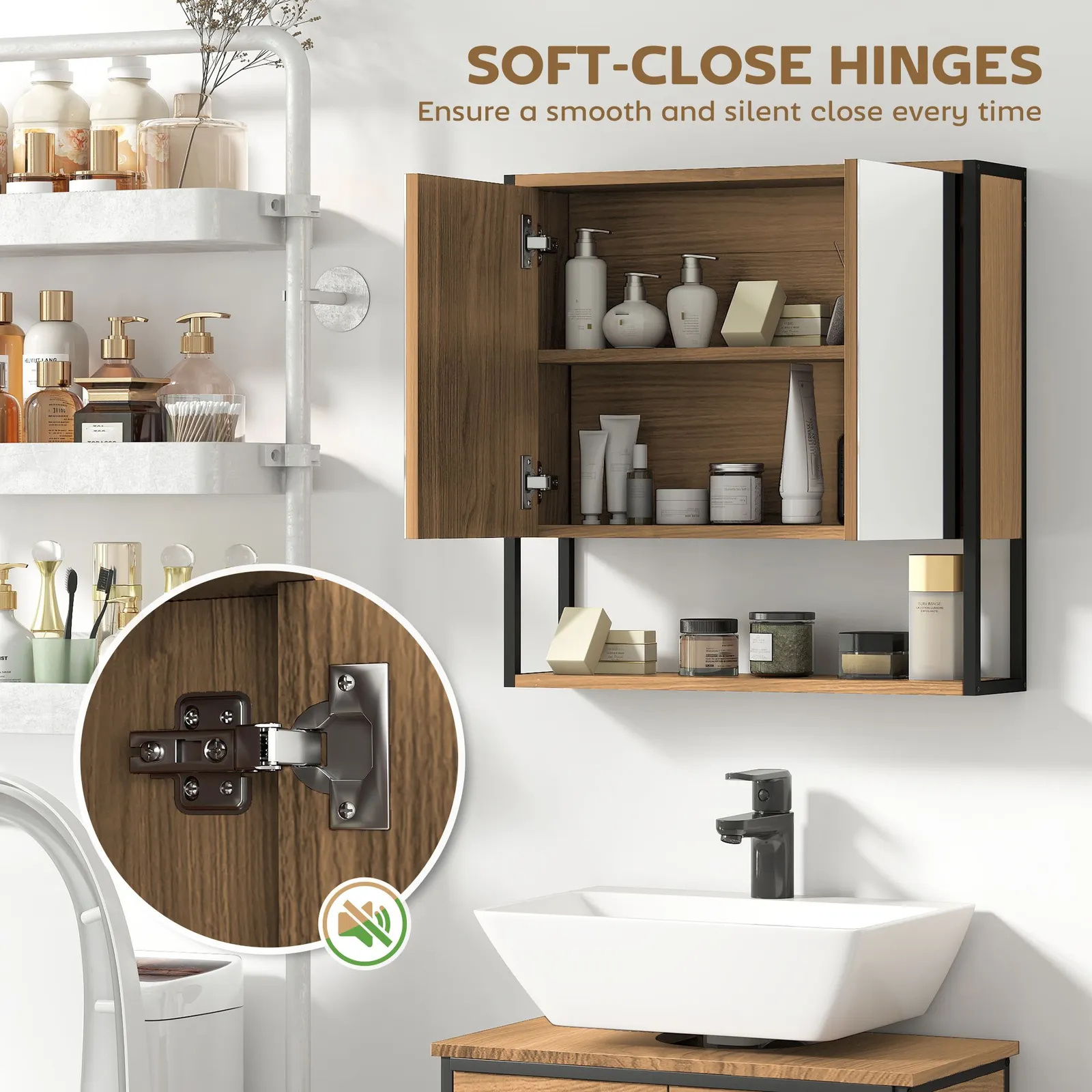 HOMCOM Industrial Bathroom Cabinet with 2 Mirrored Doors Open Shelf, Natural 5