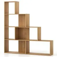 Costway 4-Tier Stepped Bookshelf Modern Ladder Bookcase w/6 Storage Cubes in Natural 2