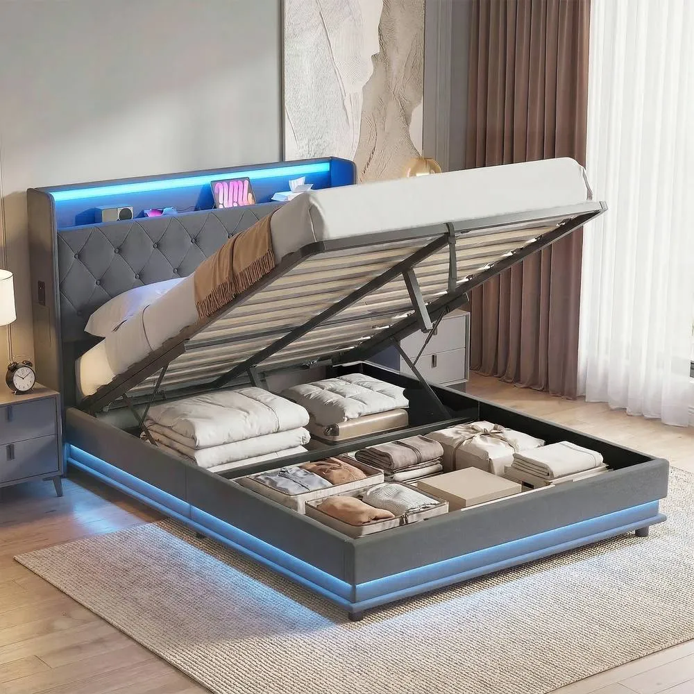 HOMCOM Lift up Storage Bed Frame with RGB LED Lights, 135 x 190cm, Dark Grey 2