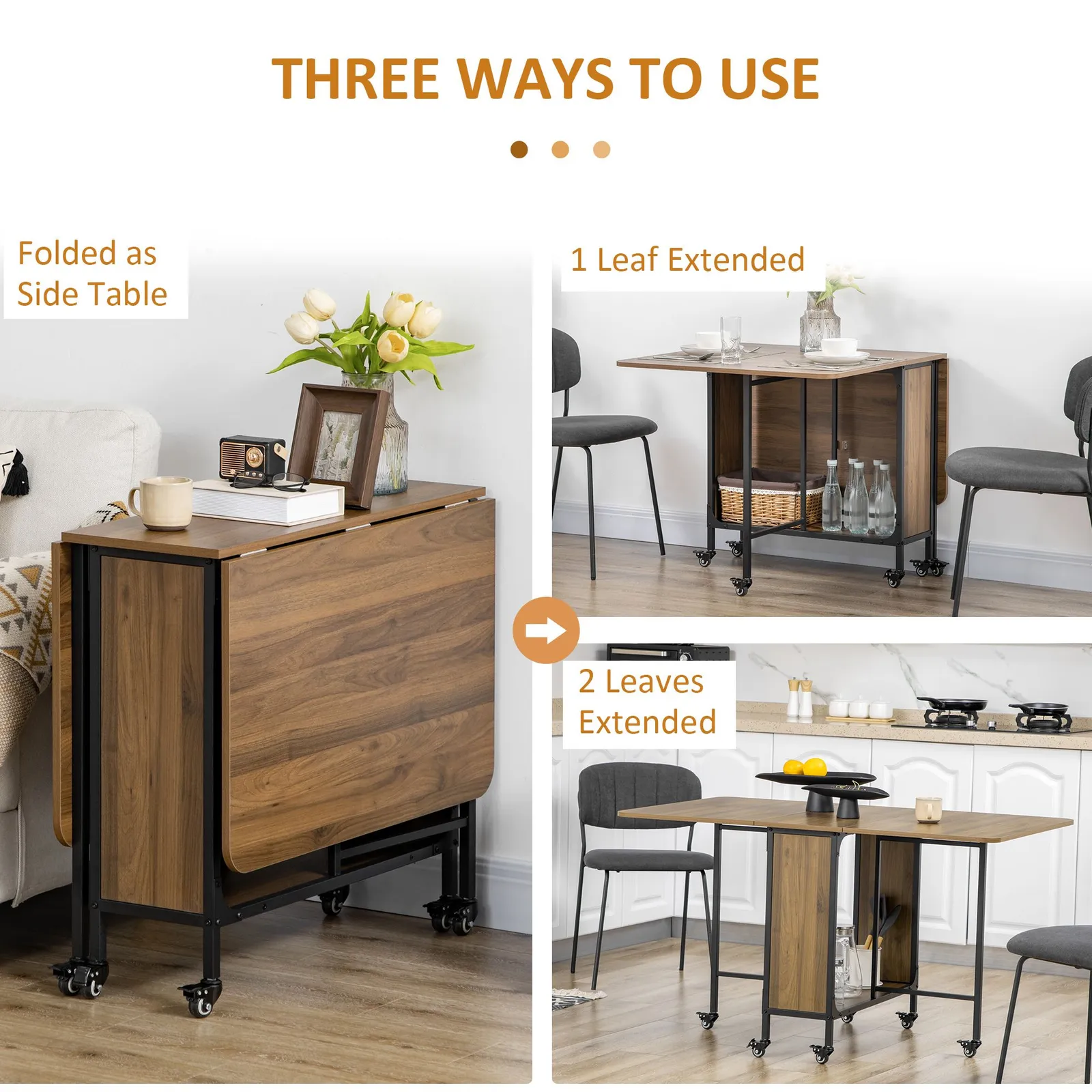 HOMCOM Mobile Drop Leaf Dining Table on Wheels with Shelf Brown in Light Brown 6