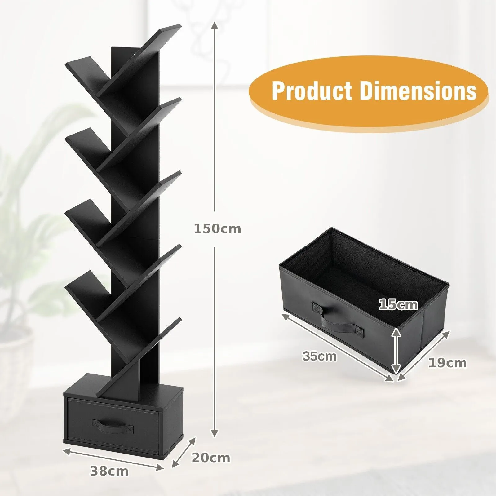 Costway 10 Tiers Bookshelf Display Bookcase Tree Shaped Storage Rack Shelves with Drawer in Black 2