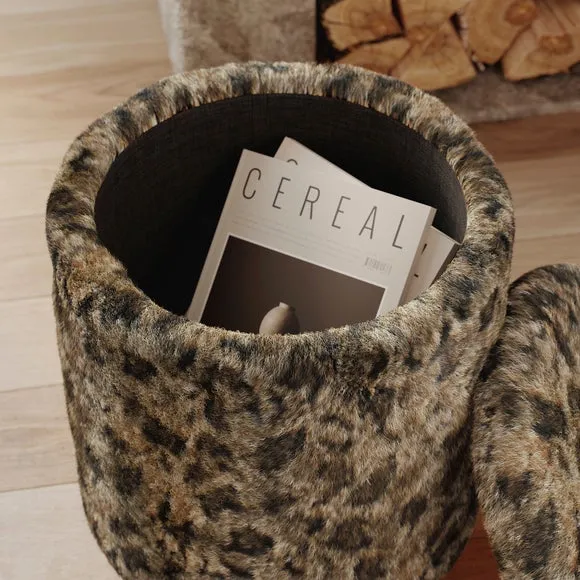 Leopard Print Faux Fur Round Storage Footstool 3