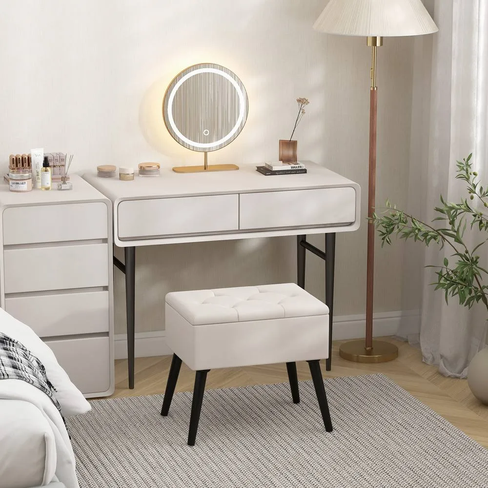 Costway Velvet Storage Ottoman Flip Top Stool w/ Solid Wood Legs in Beige 5