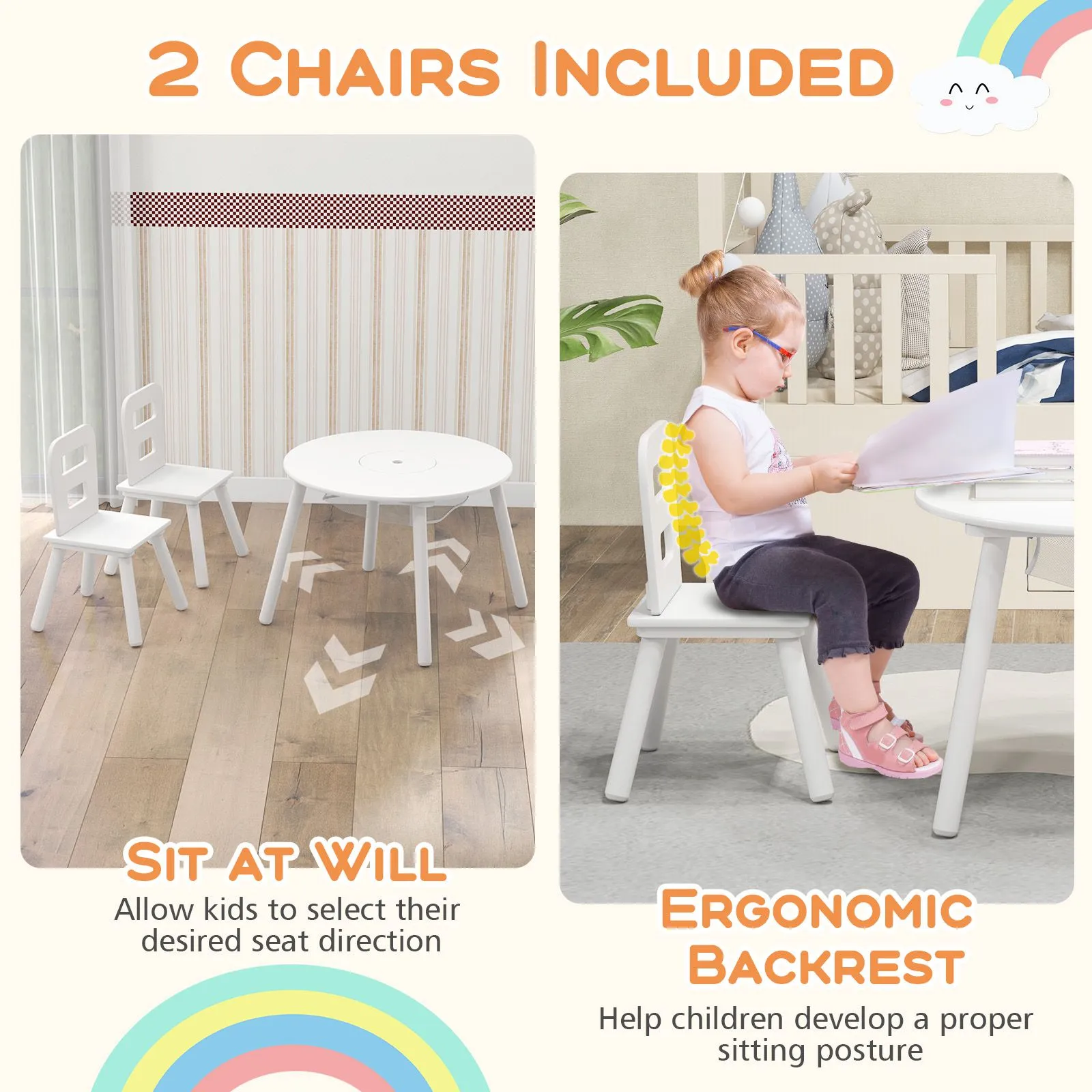 Costway Round Table & Chair Set 3 Pcs Wooden Activity Table in White 6