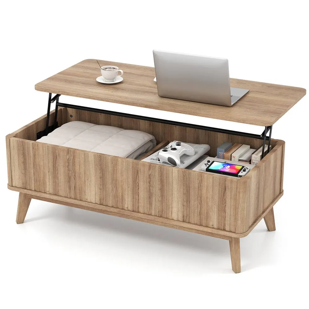 Costway Fluted Lift Top Coffee Table 110CM Rectangle Wooden Center Table in Light Brown 3