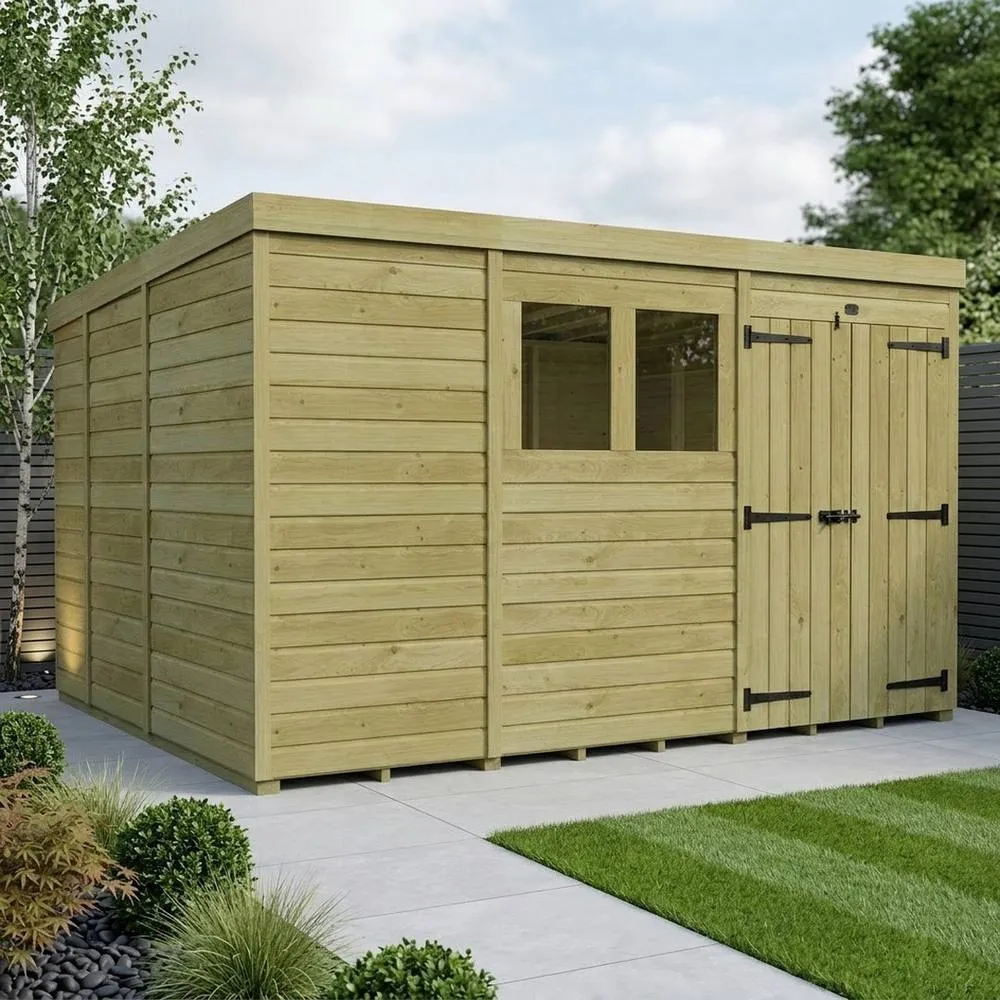 Buttercup Farm 11ft x 9ft Pent Garden Shed Double Door With Windows - Timber in Brown 2