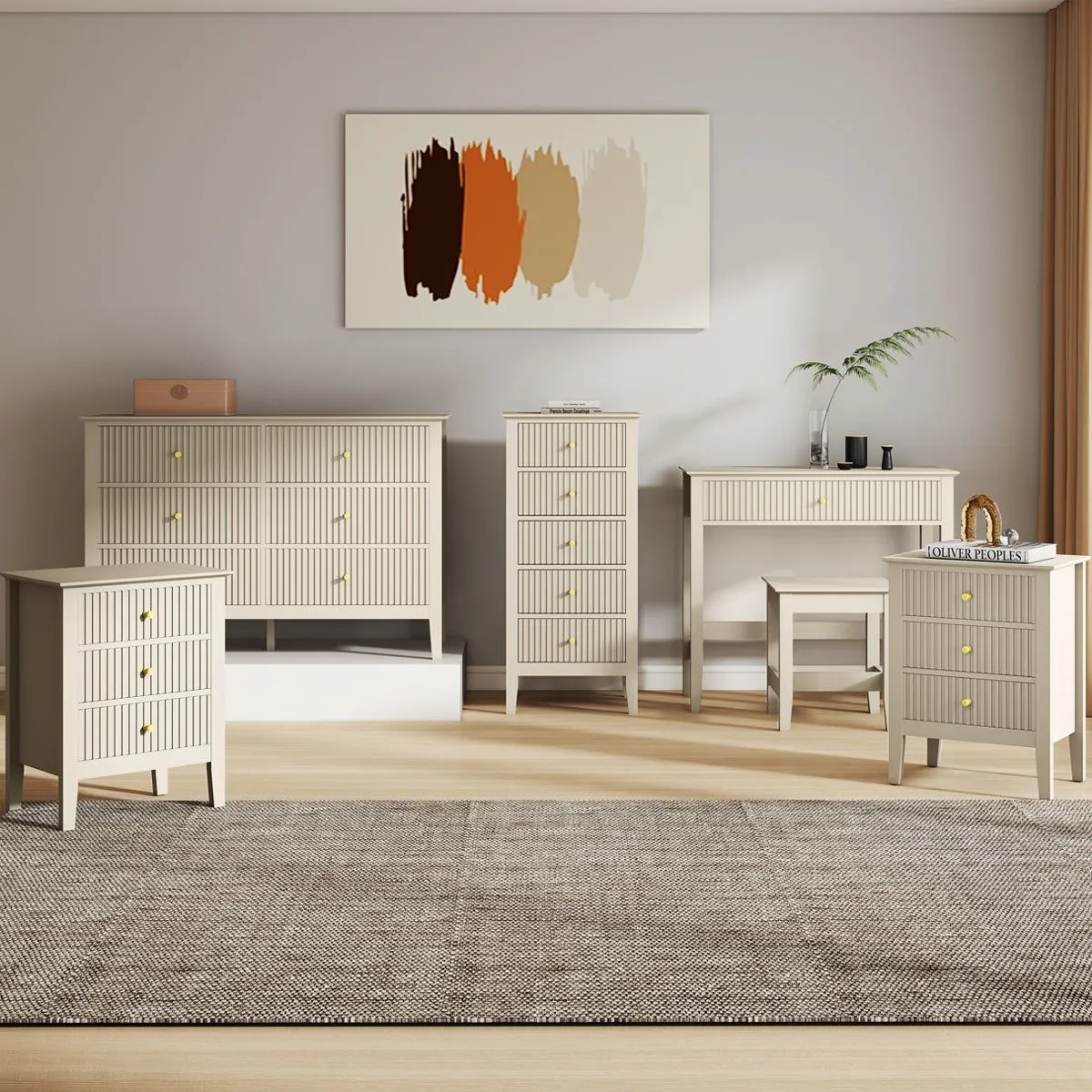 Melody Maison 6 Drawer Chest Of Drawers, Tall 5 Drawer Bedside Table, Pair Of 3 Drawer Bedside Tables & Dressing Table Set - Hales Taupe Range
