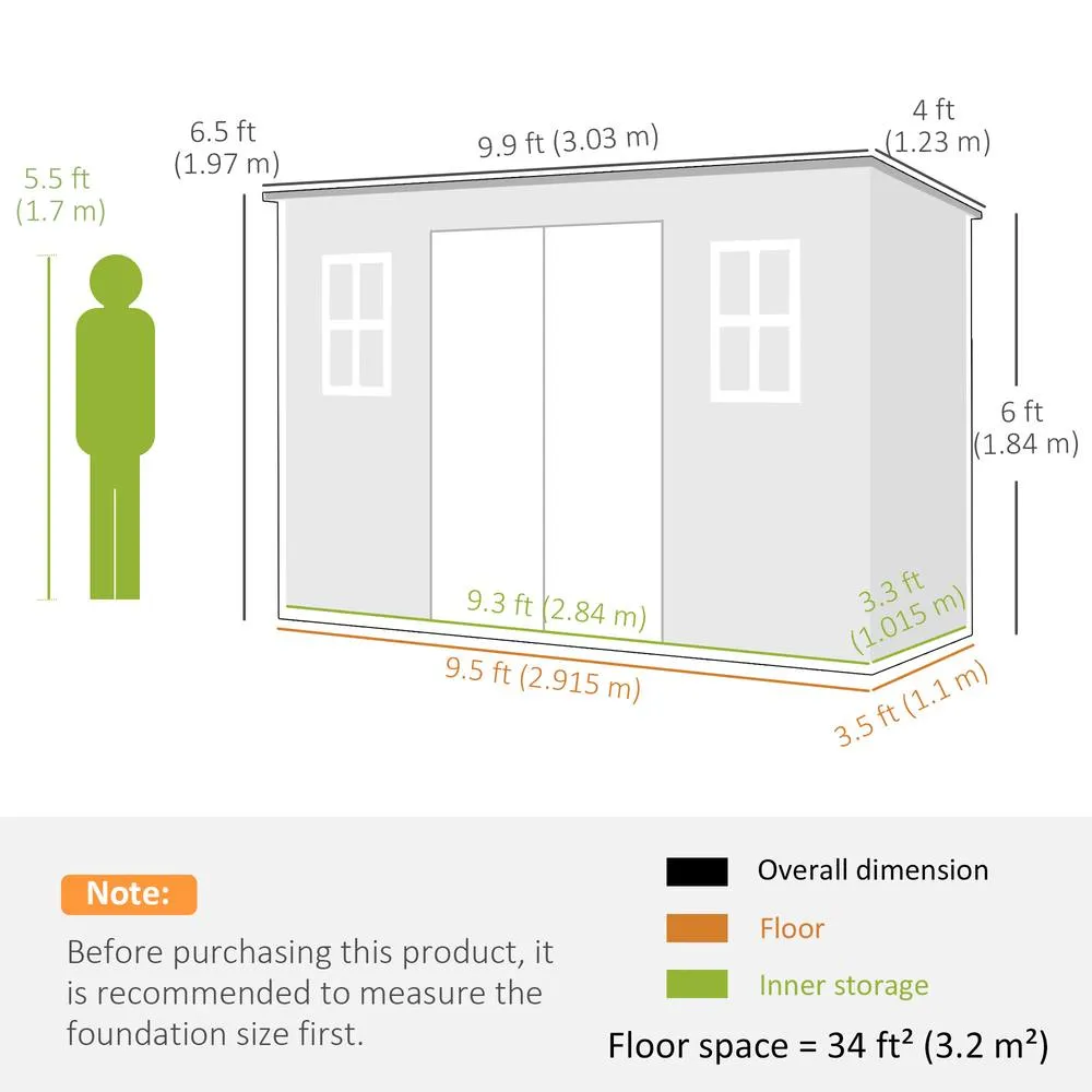 OUTSUNNY 10 x 4 ft Plastic Garden Shed with Floor, Lockable Doors Dark Grey 3