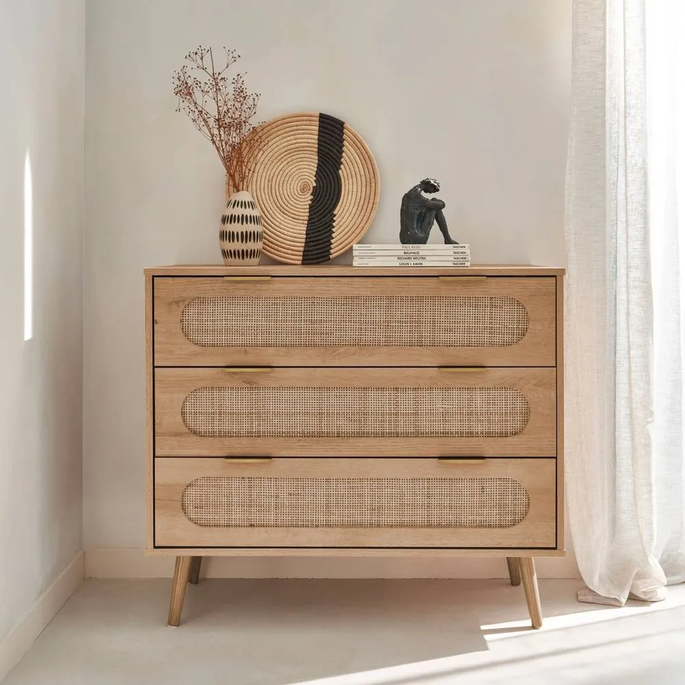 sweeek 3-drawer Chest With Wood & Rounded Cane Rattan in Light Brown 6