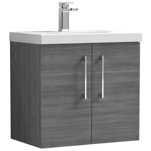Nuie Anthracite Woodgrain Wall Hung 2 Door Vanity Unit & Basin - 579 x 610mm