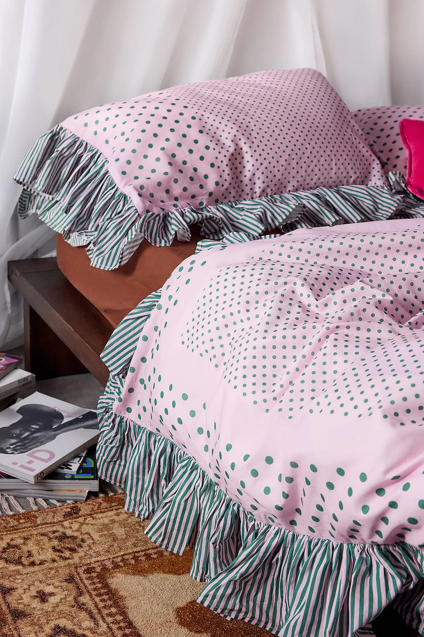 Polka Dot Stripe Ruffle Duvet Set - Pink 2