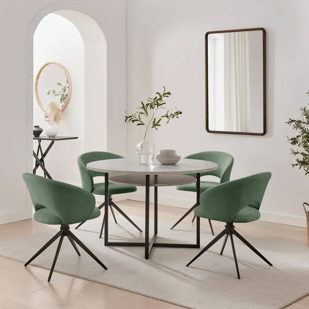 FurnitureboxUK Adley Round Grey Concrete Effect Dining Table 4 Anika Swivel Chairs in Green 1
