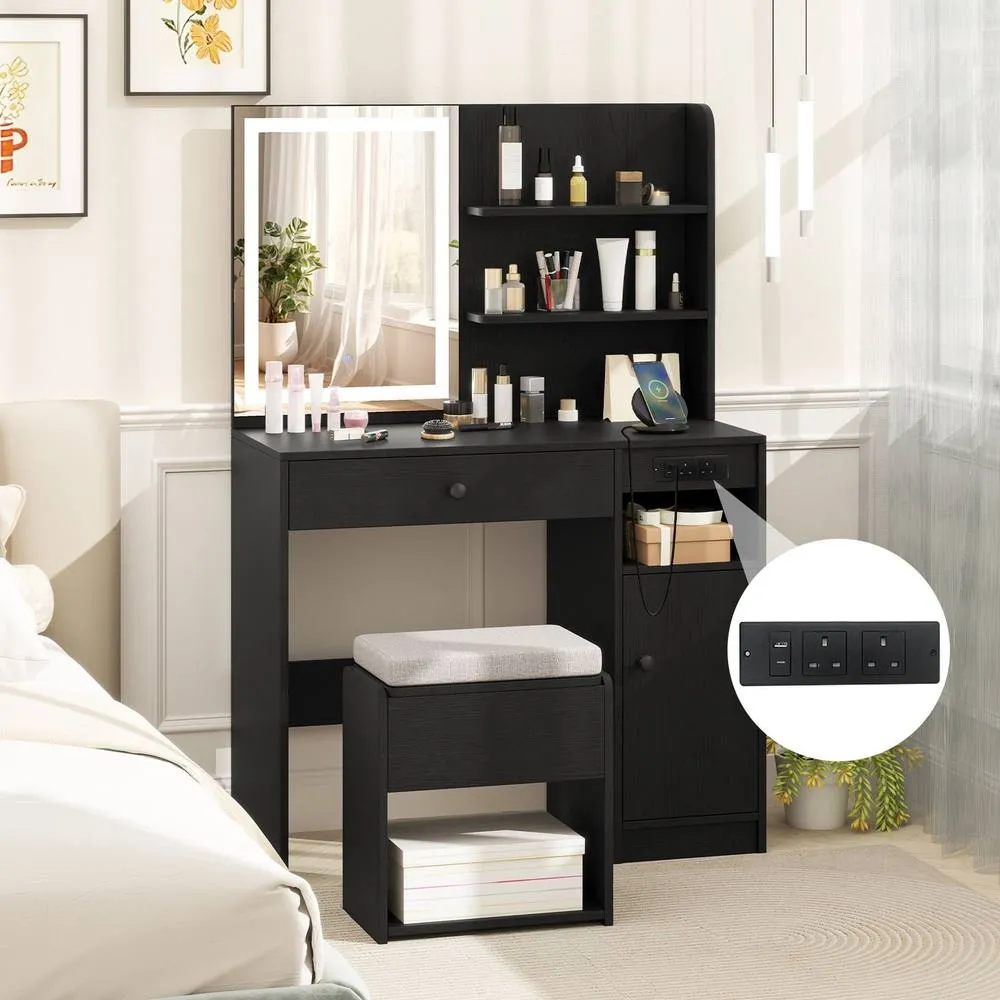 Costway Wooden Vanity Desk w/ Stool Makeup Dressing Table w/Mirror & Lights in Black 6