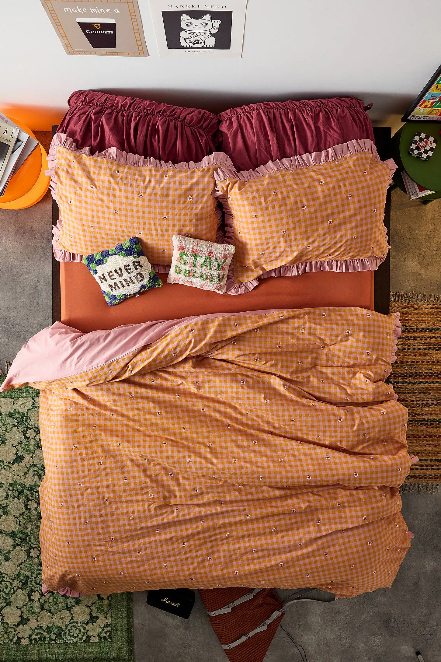 Gingham Embroidered Duvet Set - Orange