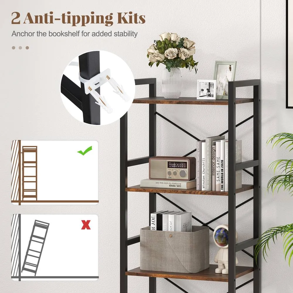 Costway Narrow Bookshelf 4-Tier Freestanding Bookcase Industrial Display Rack in Brown 5
