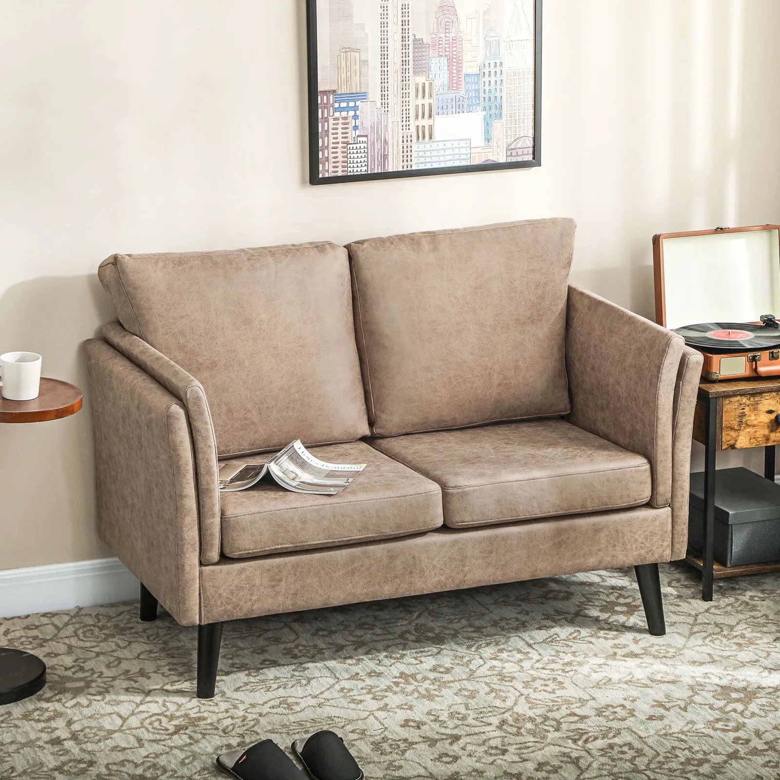 HOMCOM Small Sofa, Loveseat Sofa for Bedroom, Home Office in Light Brown 2