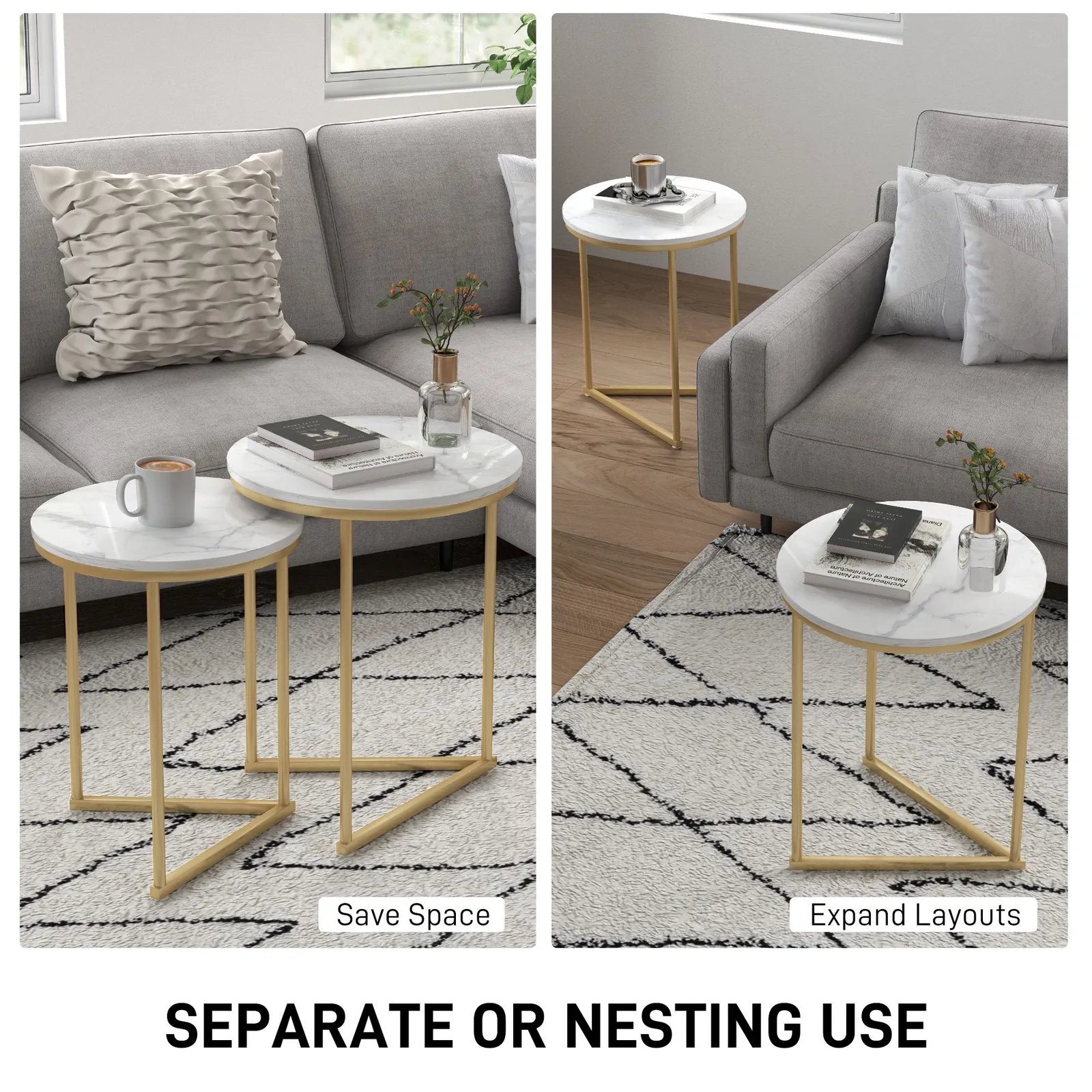 HOMCOM Nesting Coffee Table Set of 2 with Metal Frame, Gold Tone 4