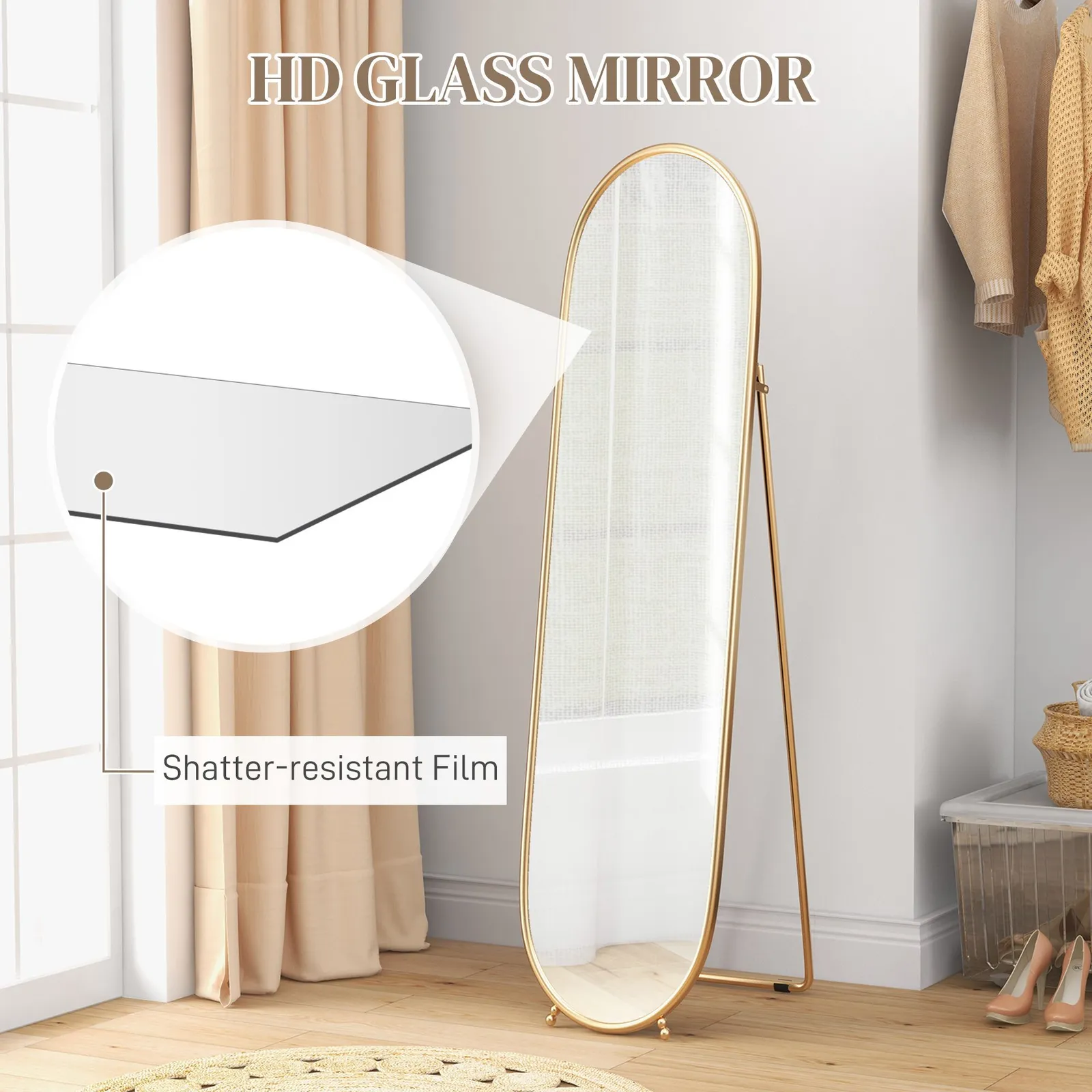 HOMCOM Oval Full Length Mirror with Metal Frame Hanging or Leaning in Gold 5