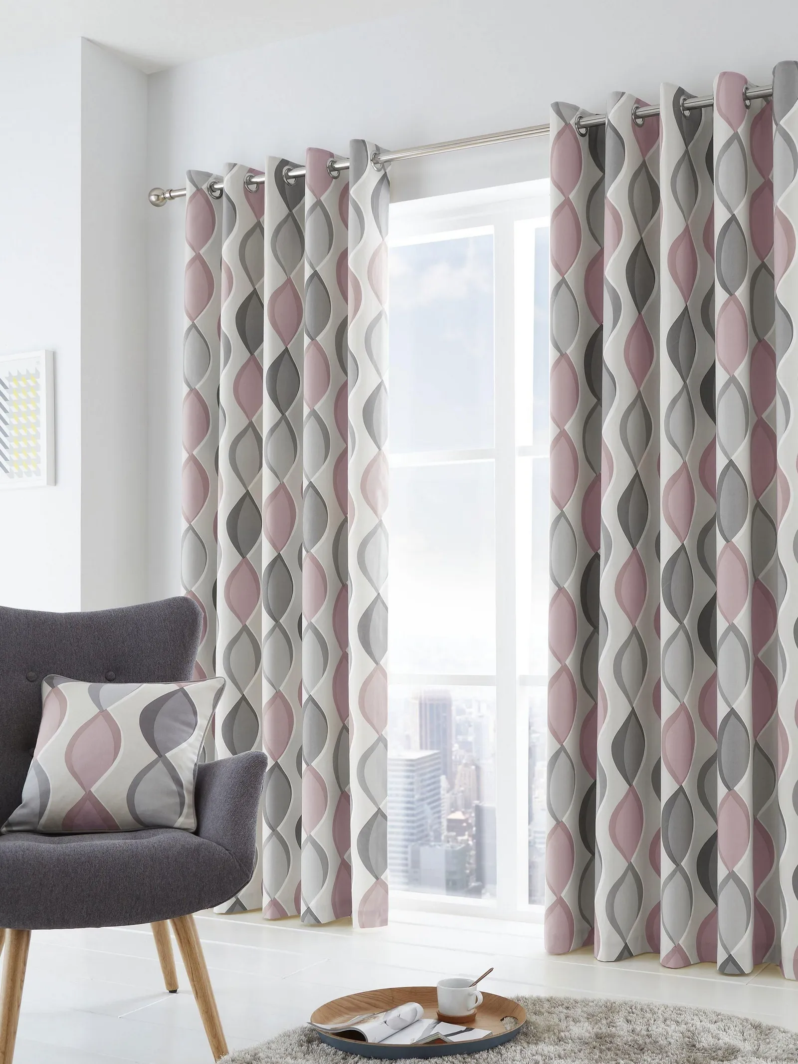Fusion 'Lennox' Modern Geo Print Eyelet Curtains in Rose 4