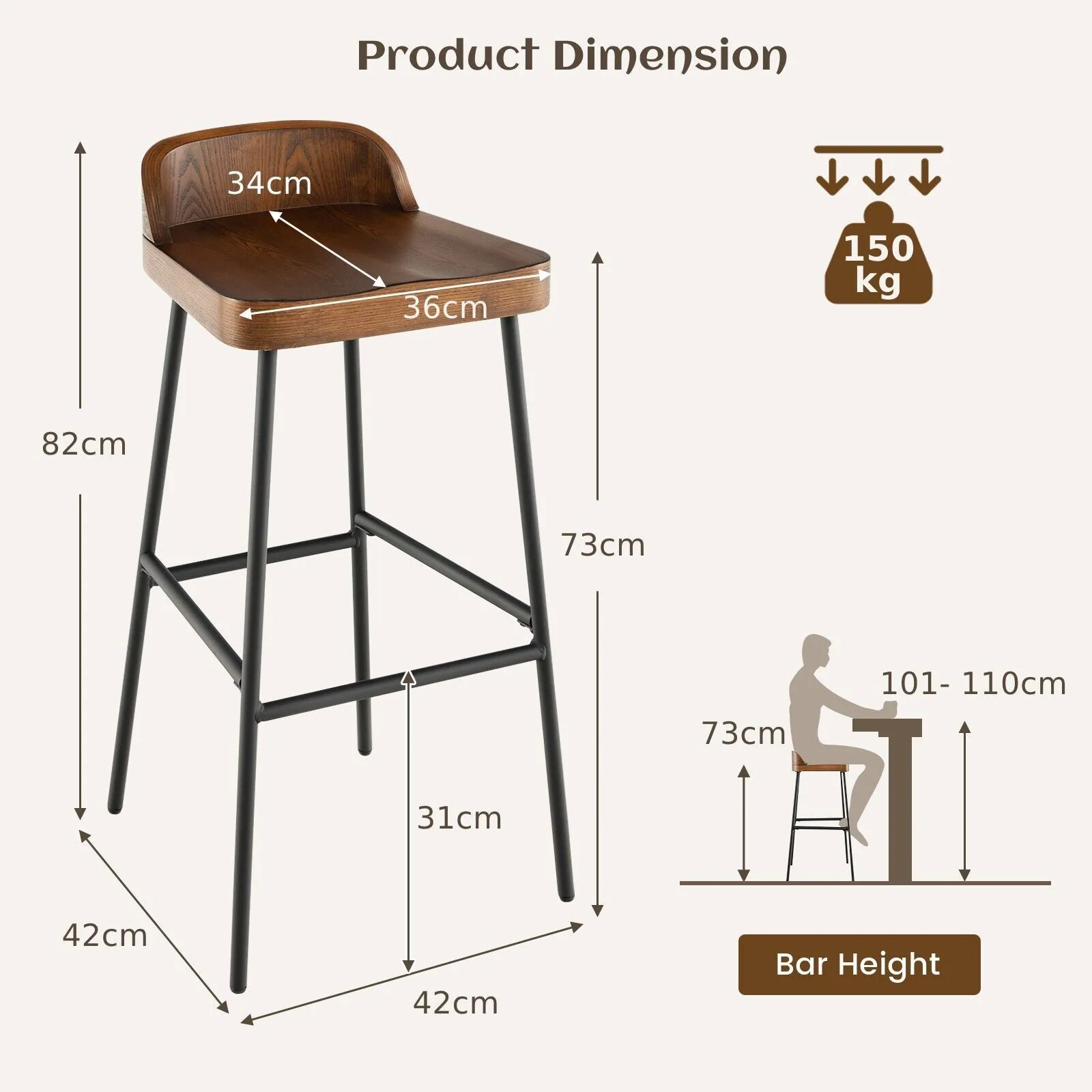 Costway Set of 2 Industrial Bar Stools Tall Kitchen Stools Breakfast High Chair Low-Back in Brown 2
