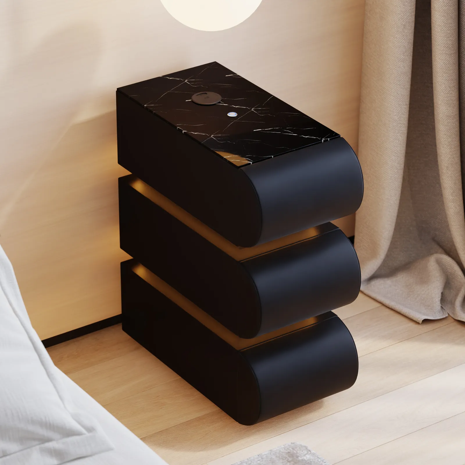 Narrow Humply Leather 3-Drawer Smart Nightstand with Sintered Stone Top Set of 2