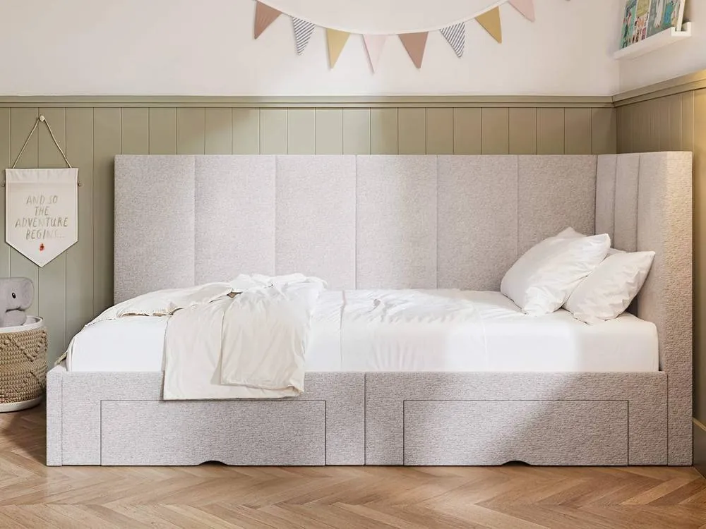 Flair Harley Corner Fabric Bed Frame with Storage Drawers in Beige 3