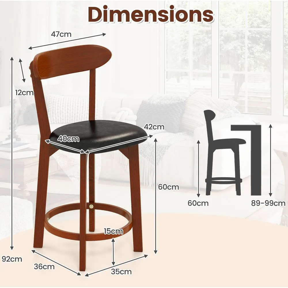 Costway Bar Stool Set of 2 60cm Barstools w/ Curved Backrest-Walnut in Brown 2