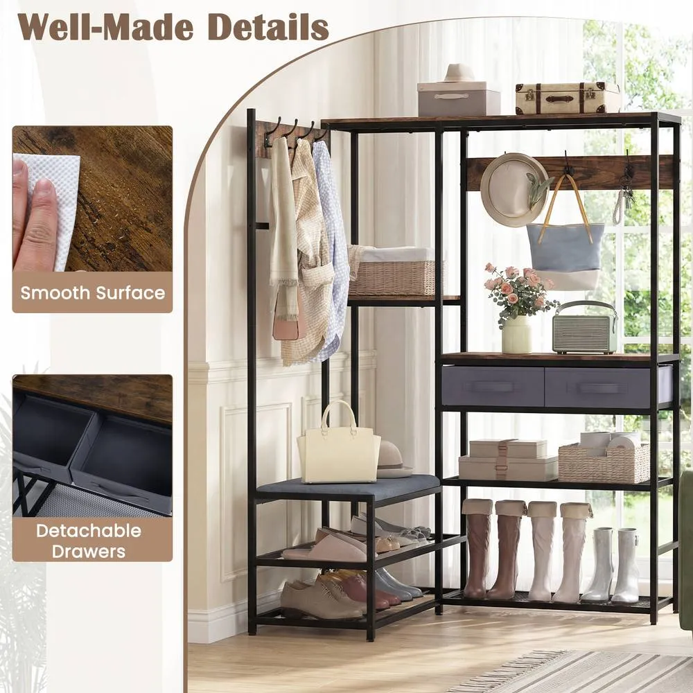 Costway 152 cm Corner Coat Rack with Shoe Bench L-Shaped Garment Rack With 7 Hooks in Brown 6