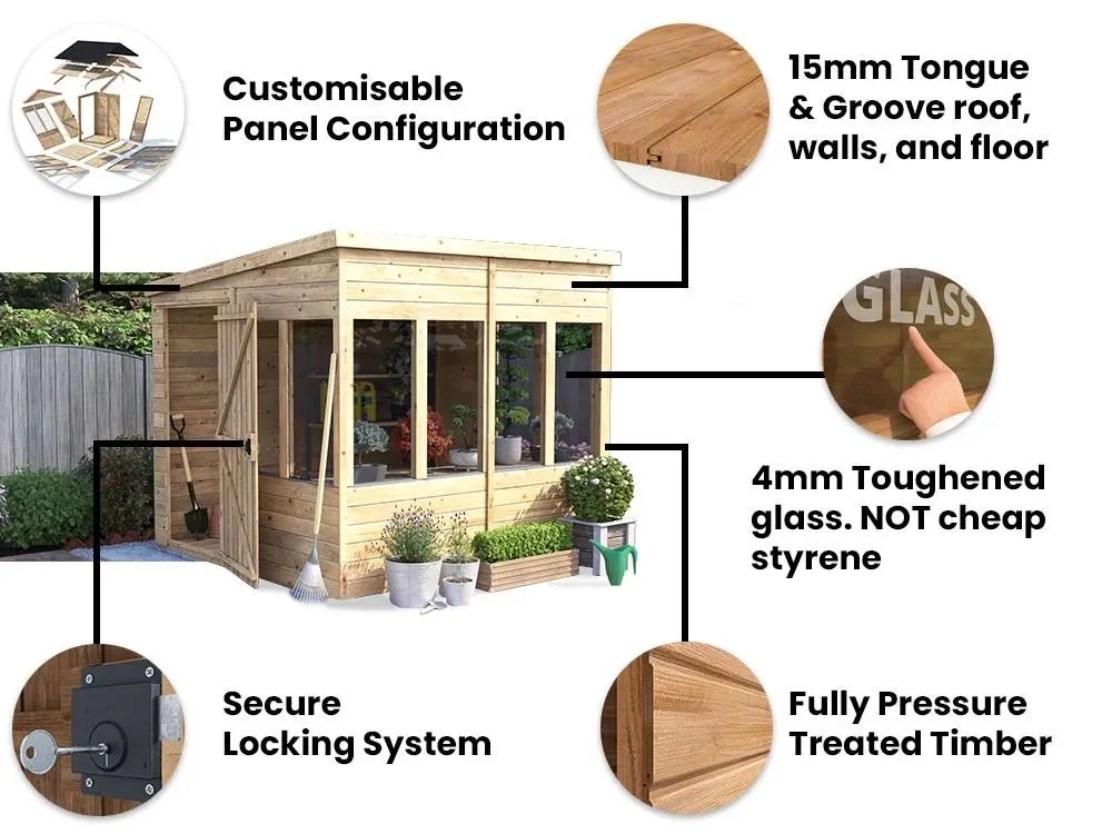 Dunster House Wooden Potting Shed Pent Roof W8' x D8' (W2.4 x D2.4m) Overlord Modular in Brown 4