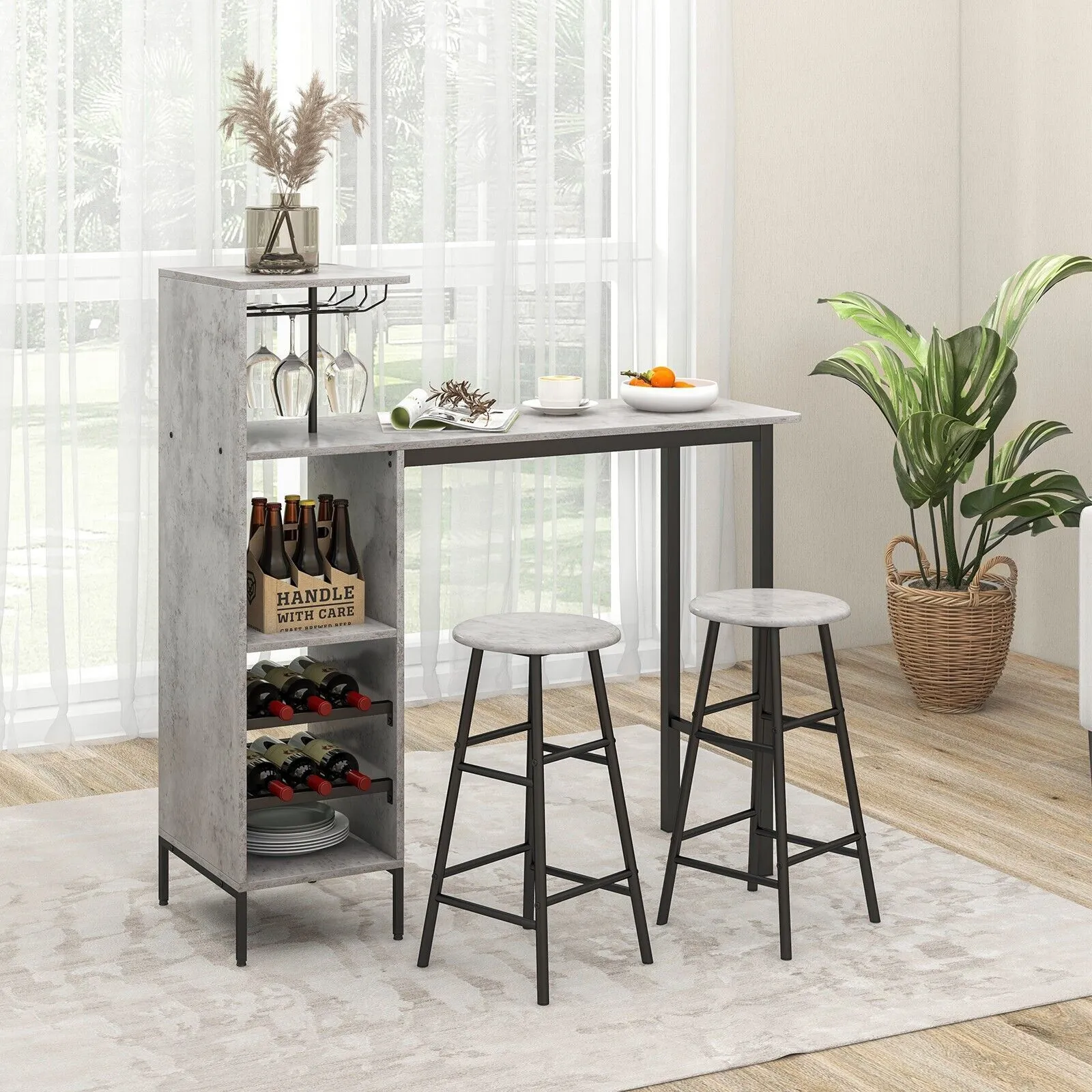 Costway 3PCS Bar Table & 2 Stool Industrial Kitchen Dining Set W/ Wine Rack Glass Holder in Grey 3
