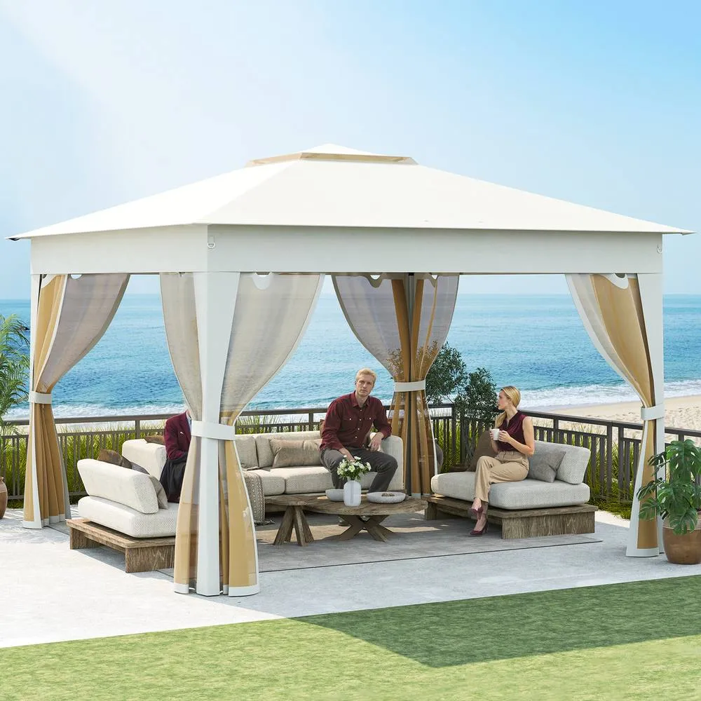 Costway 338 x 338 CM Pop Up Gazebo Foldable Canopy Tent w/Mesh Netting in Beige 3