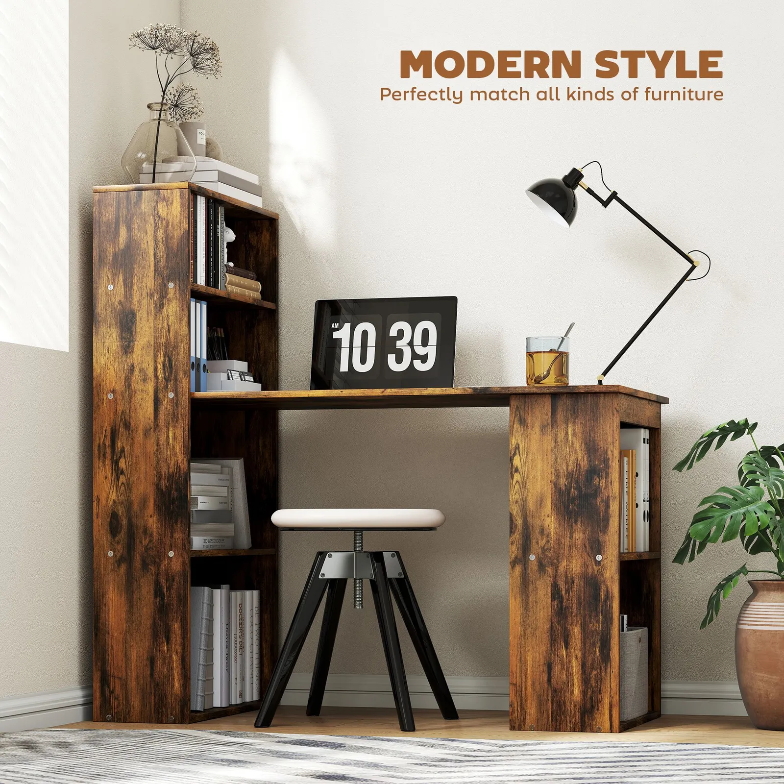 HOMCOM 120cm Computer Desk Bookshelf Writing Table 6 Shelves Brown in Dark Brown 4