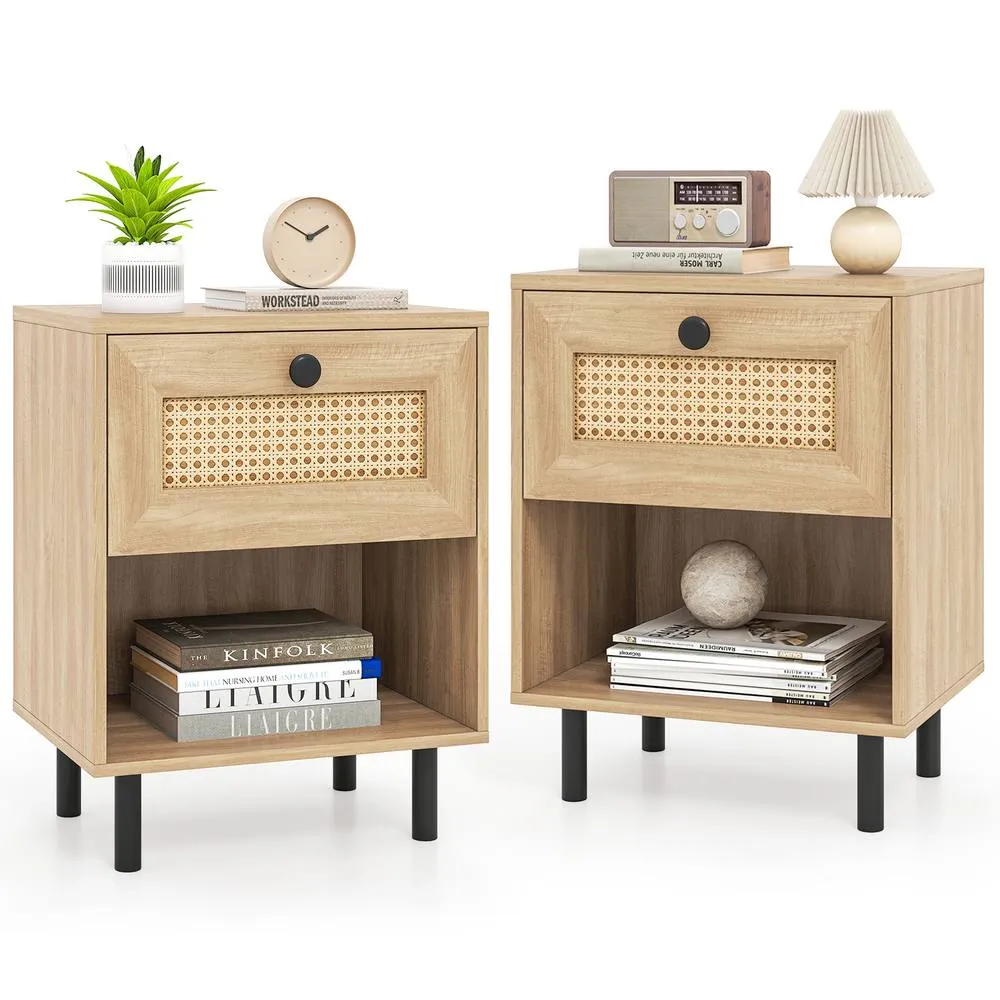 Costway Set of 2 Rattan Nightstand Boho Style Bedside Table with Drawer in Natural