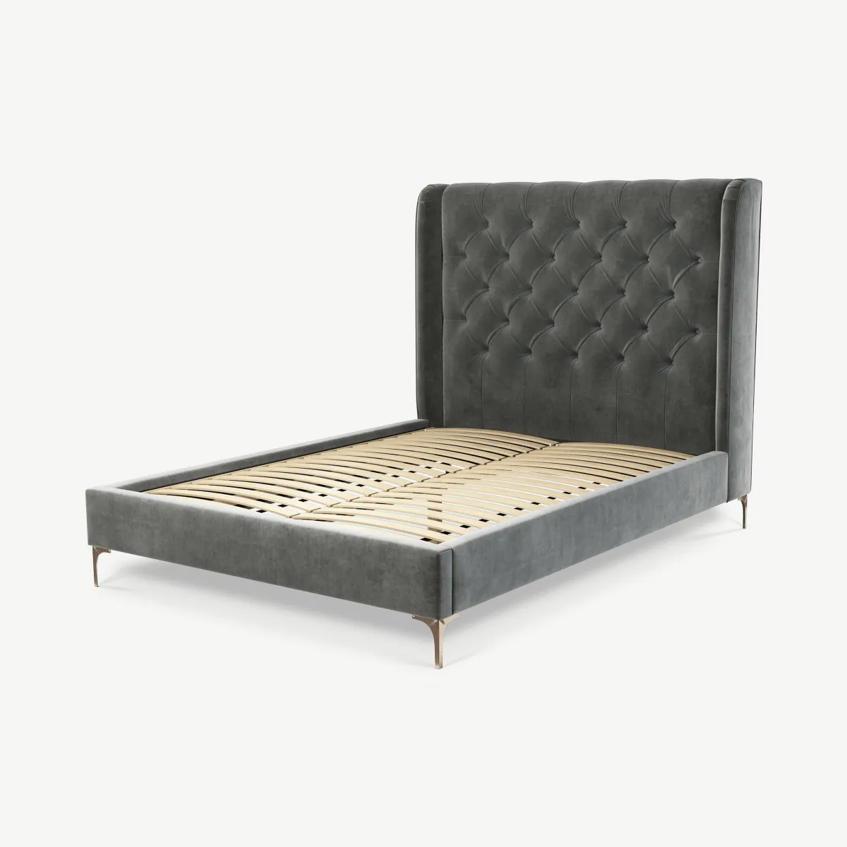 Romare Double Bed, Steel Grey Velvet with Copper Legs